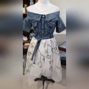 Denim Off-Shoulder Dress with Embroidered Skirt